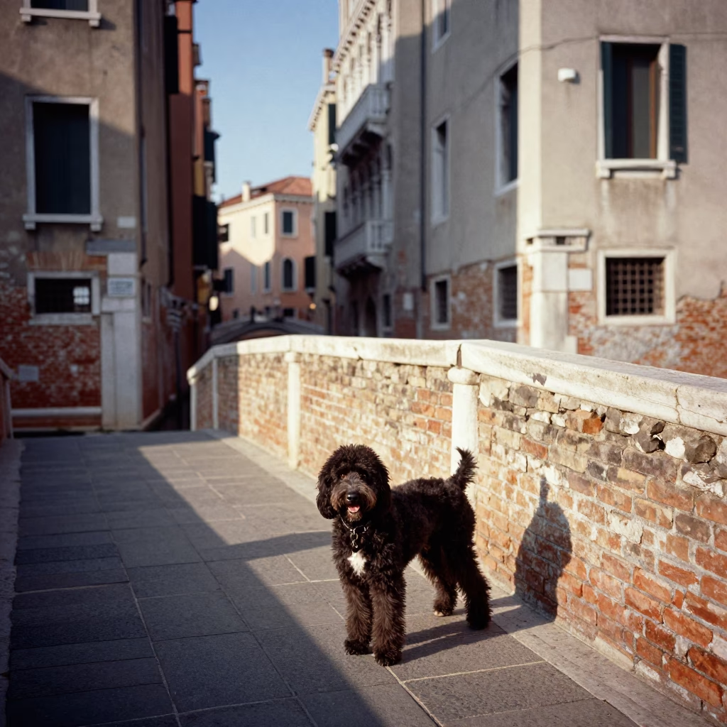 Venice Canal Bridge Afternoon Light with Spinone Italiano Dog and Local Passerby in in Venice, Italy