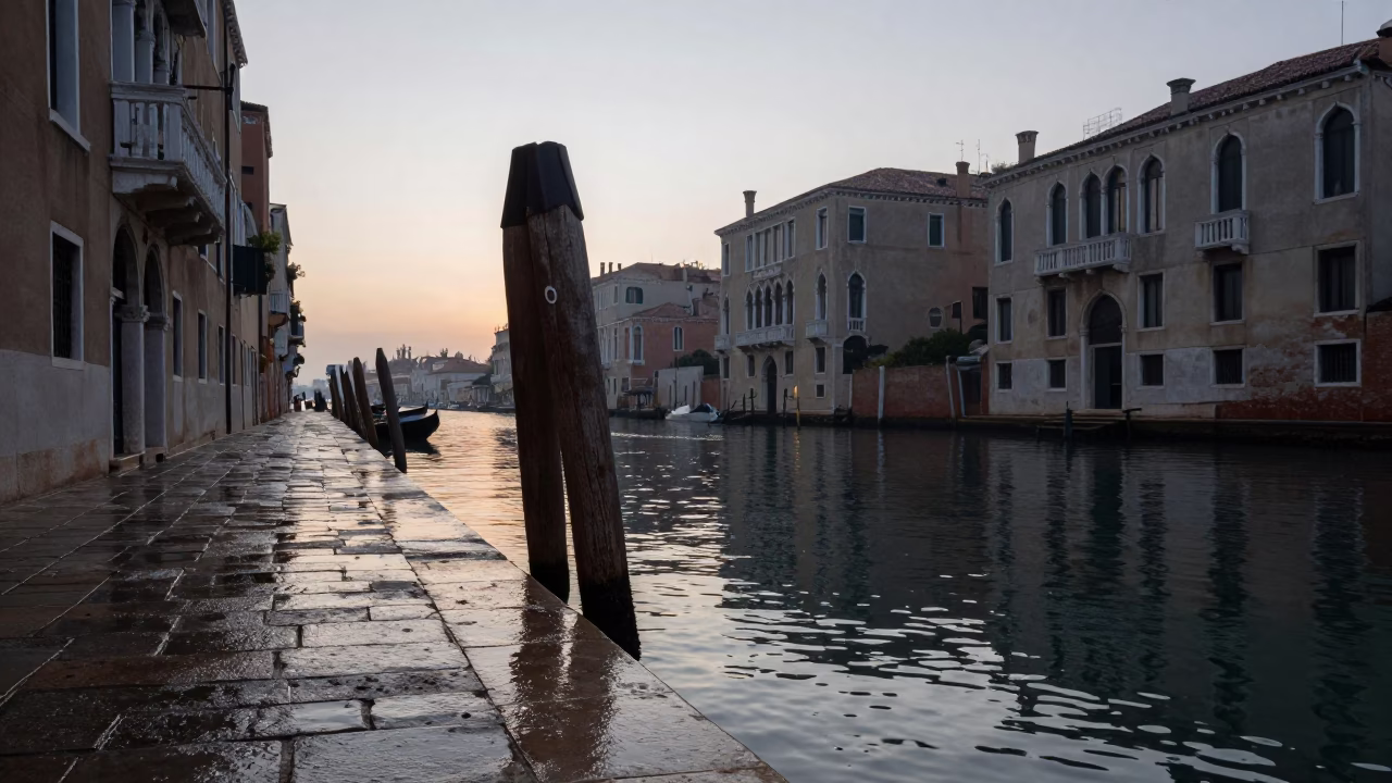 Venice Canal Dawn Light Reflecting on Wet Cobblestones and Wooden Mooring Posts in in Venice, Italy