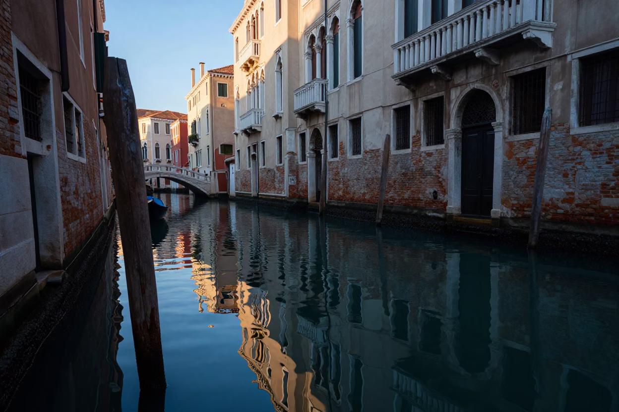 Venice Canal Dawn Reflections with Striped Fabric and Vintage Metal Details in in Venice, Italy