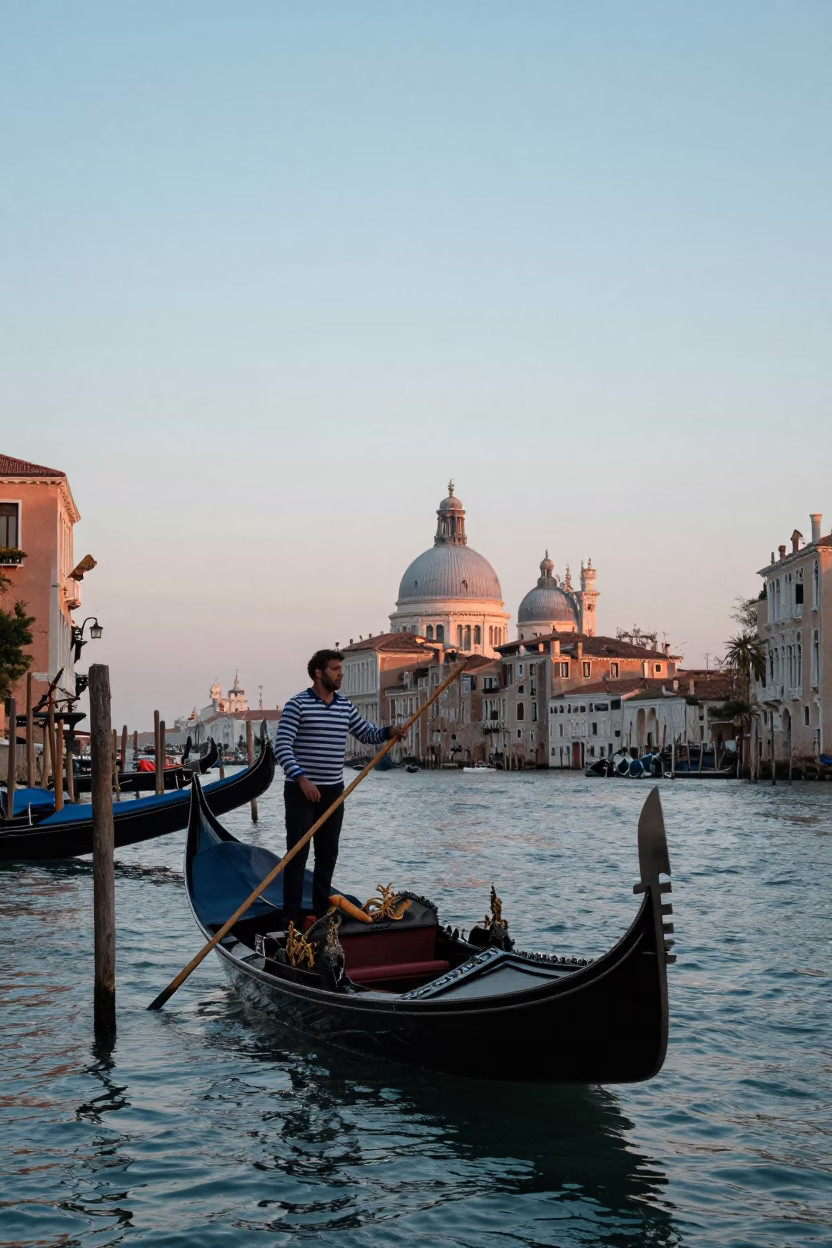 Venice Canal Dawn with Gondola and Baguettes in in Venice, Italy