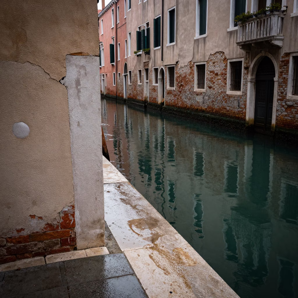 Venice canal edge first light rain cracked stucco figs in in Venice, Italy