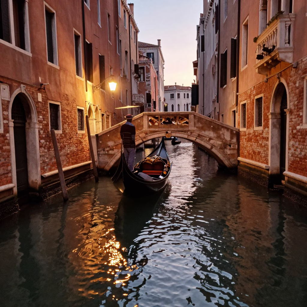 Venice Canal Evening Light and Floating Market Vendor with Fresh Produce in in Venice, Italy