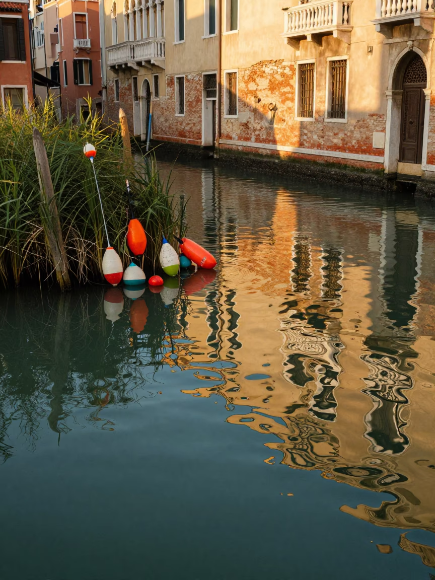 Venice Canal Evening Light Fishing Floats and Water Reflections in in Venice, Italy