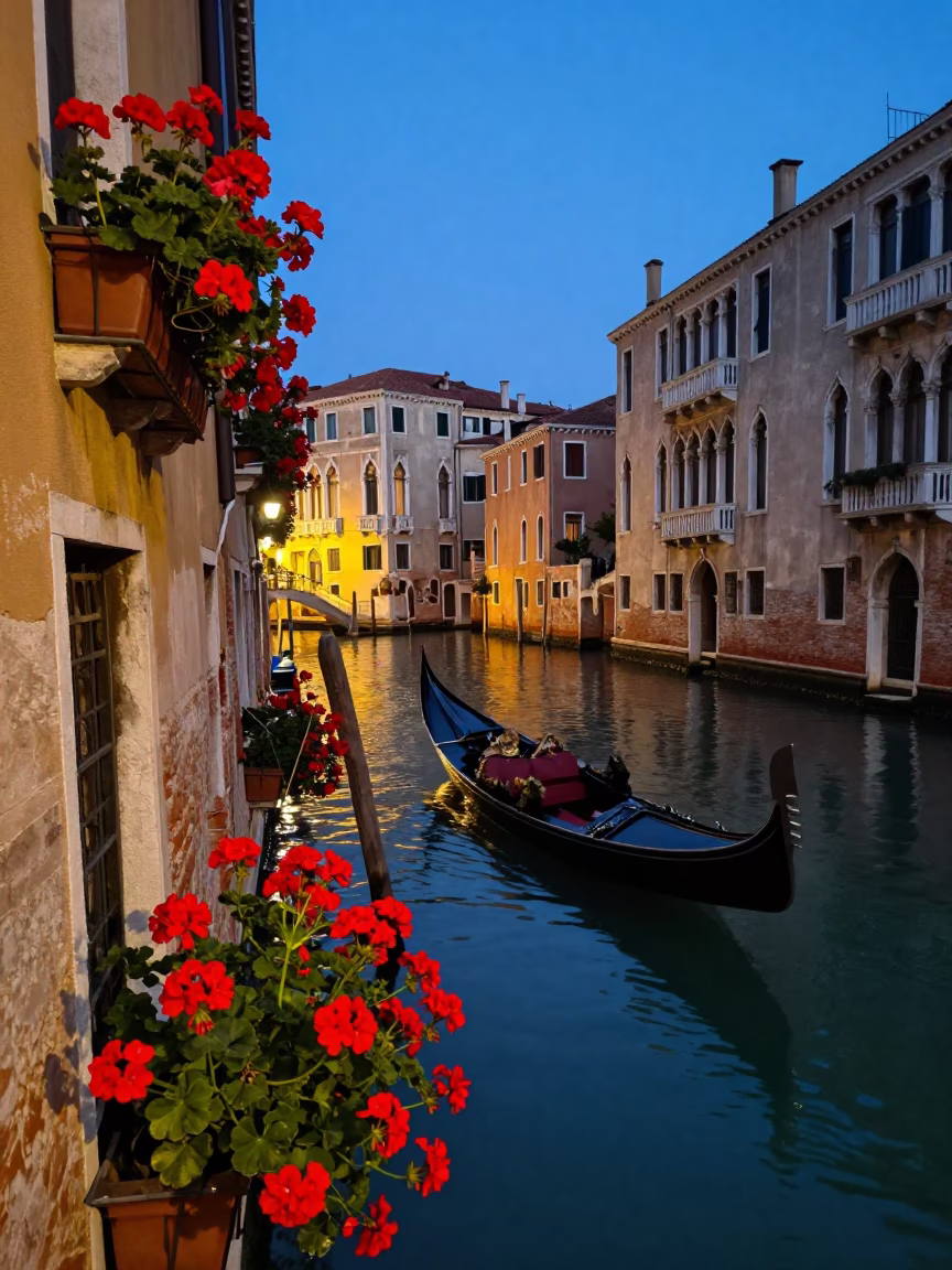 Venice Canal Evening Light Geraniums and Local Life in Italy in in Venice, Italy