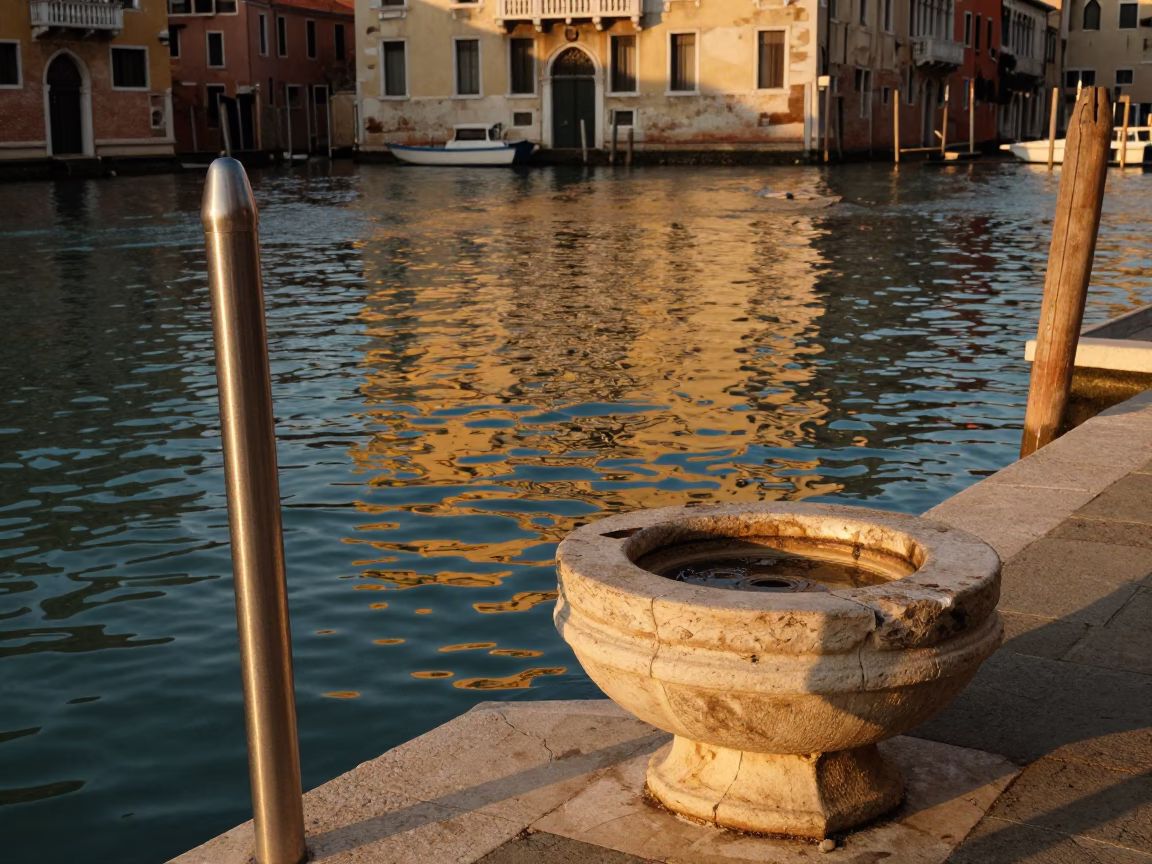 Venice Canal Evening Reflections with Brushed Steel Frame and Twine Fibers on Basin Lip in in Venice, Italy
