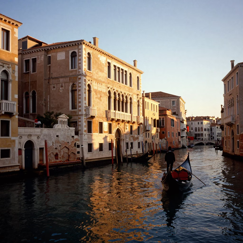 Venice Canal Evening Scene with Gondola and Historic Architecture in Honeyed Light in in Venice, Italy