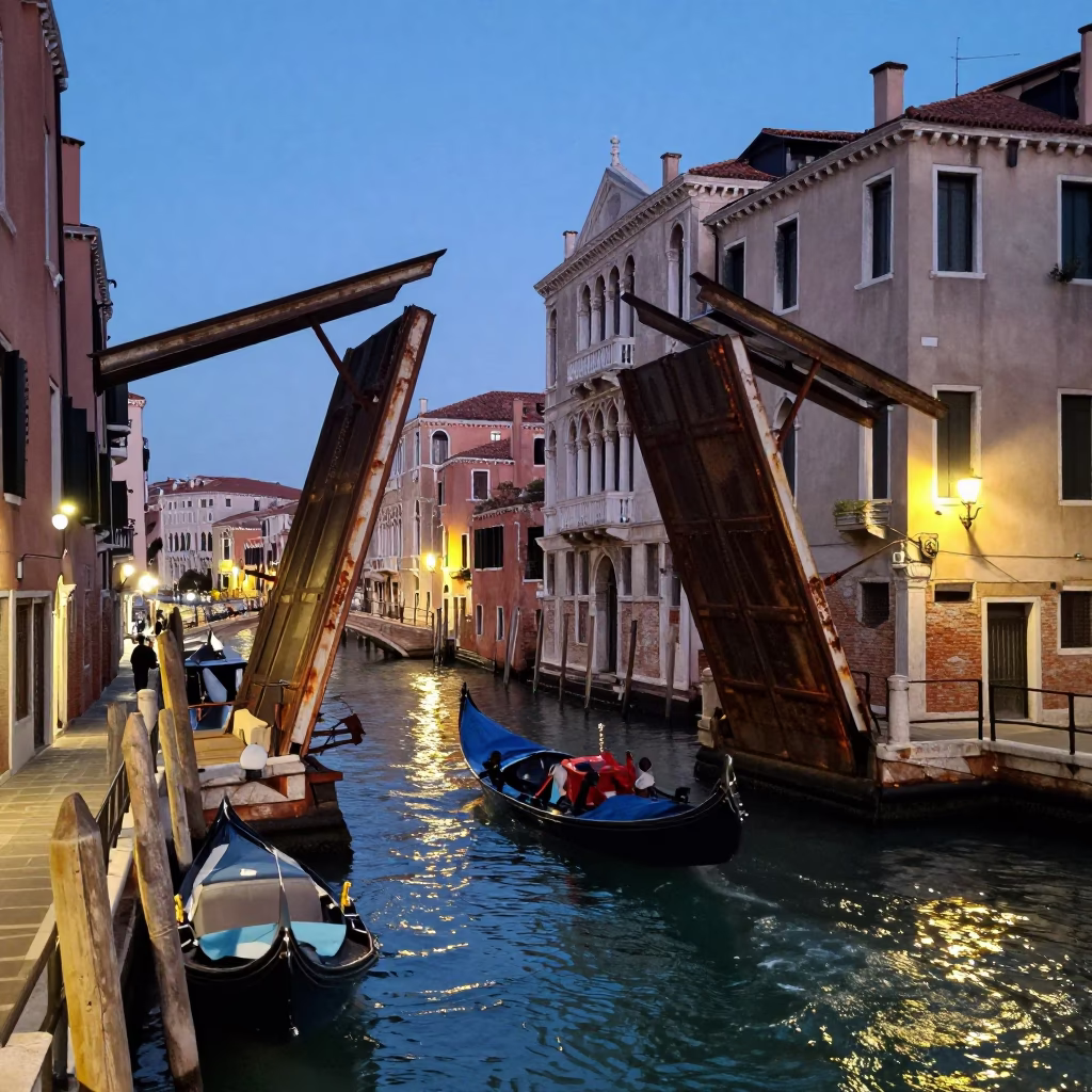 Venice Canal Evening Scene with Rusted Drawbridge and Cargo Ship on Horizon in in Venice, Italy
