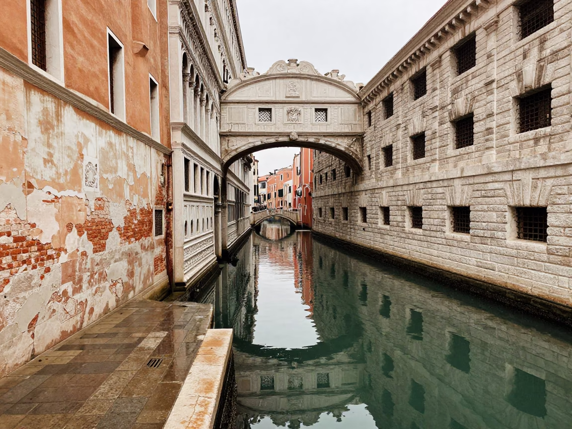 Venice Canal First Light After Rain Reflecting Old Stone Bridges in in Venice, Italy