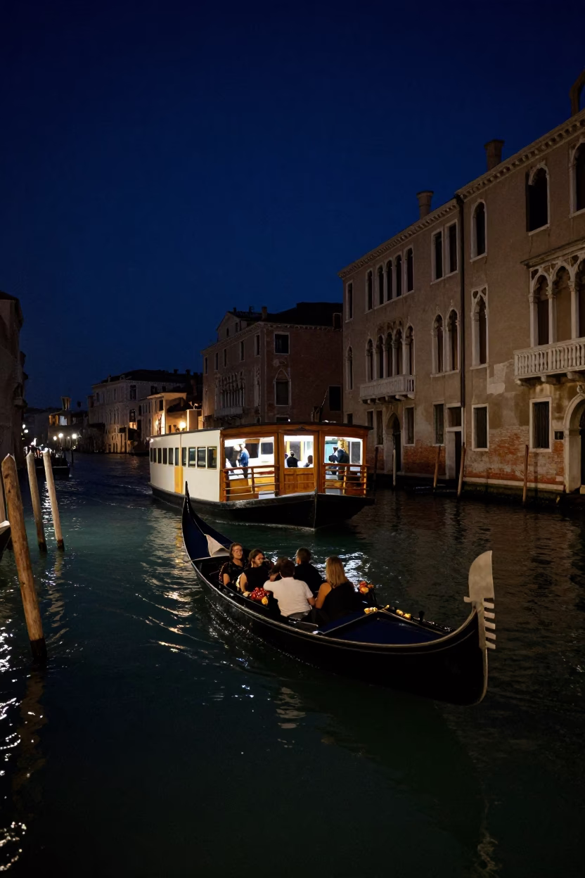 Venice Canal Gondola Ferrying Passengers Under Deep Night Sky in in Venice, Italy