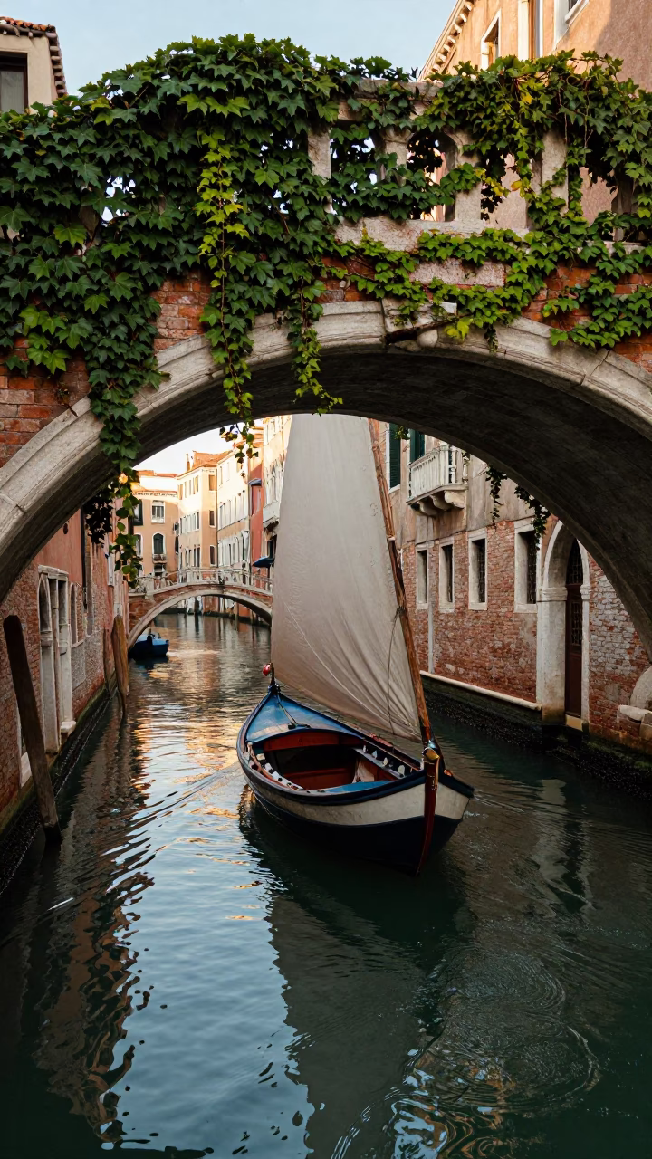 Venice Canal Late Afternoon Scene with Felucca and Ivy Vines in in Venice, Italy