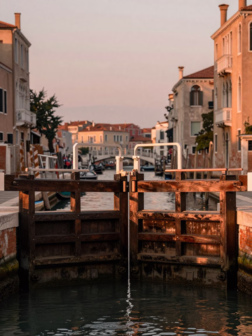 Venice Canal Lock with Wooden Gates in Copper Toned Light Before Dusk in in Venice, Italy