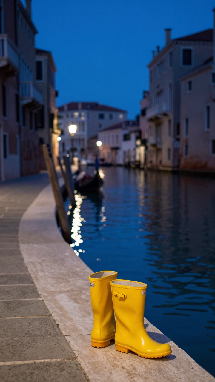 Venice Canal Midnight Scene with Colorful Rain Boots and Leaning Gondola in in Venice, Italy
