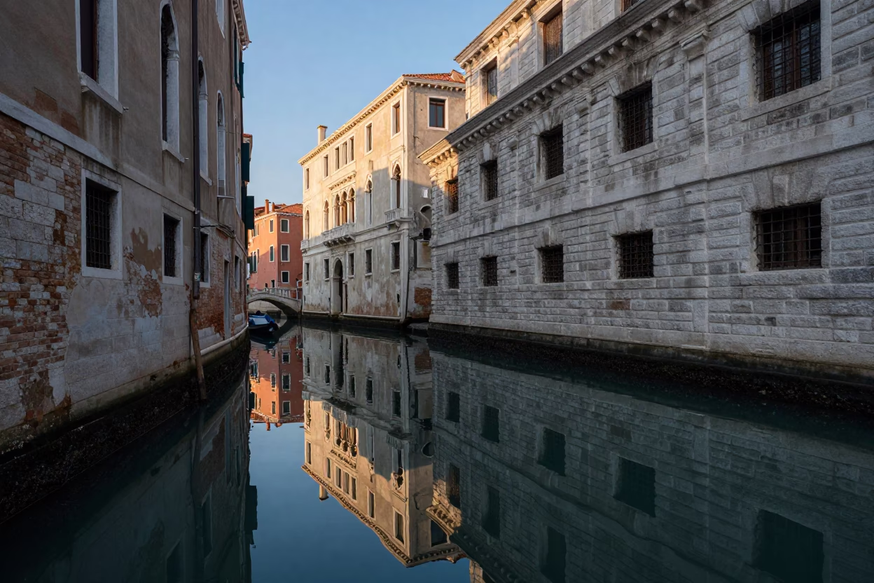 Venice Canal Morning Light Reflecting on Historic Stone Buildings and Water in in Venice, Italy