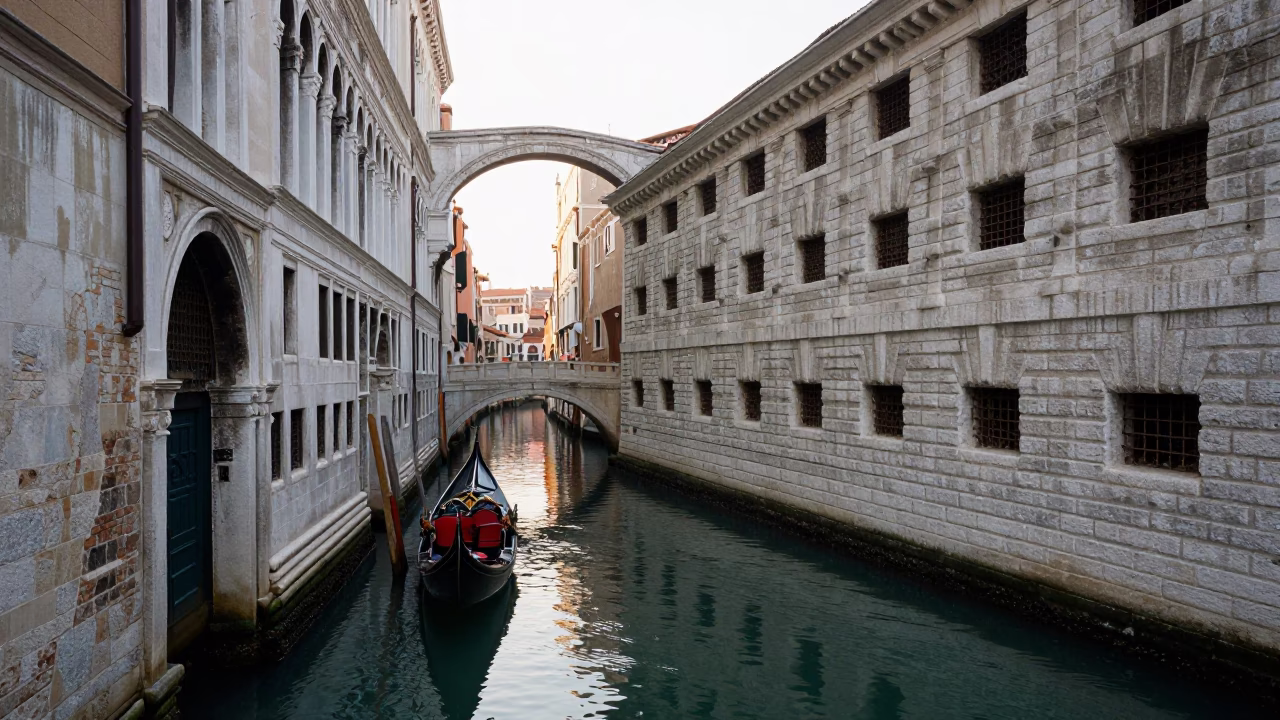 Venice Canal Morning Scene with Stone Architecture and Local Life in in Venice, Italy