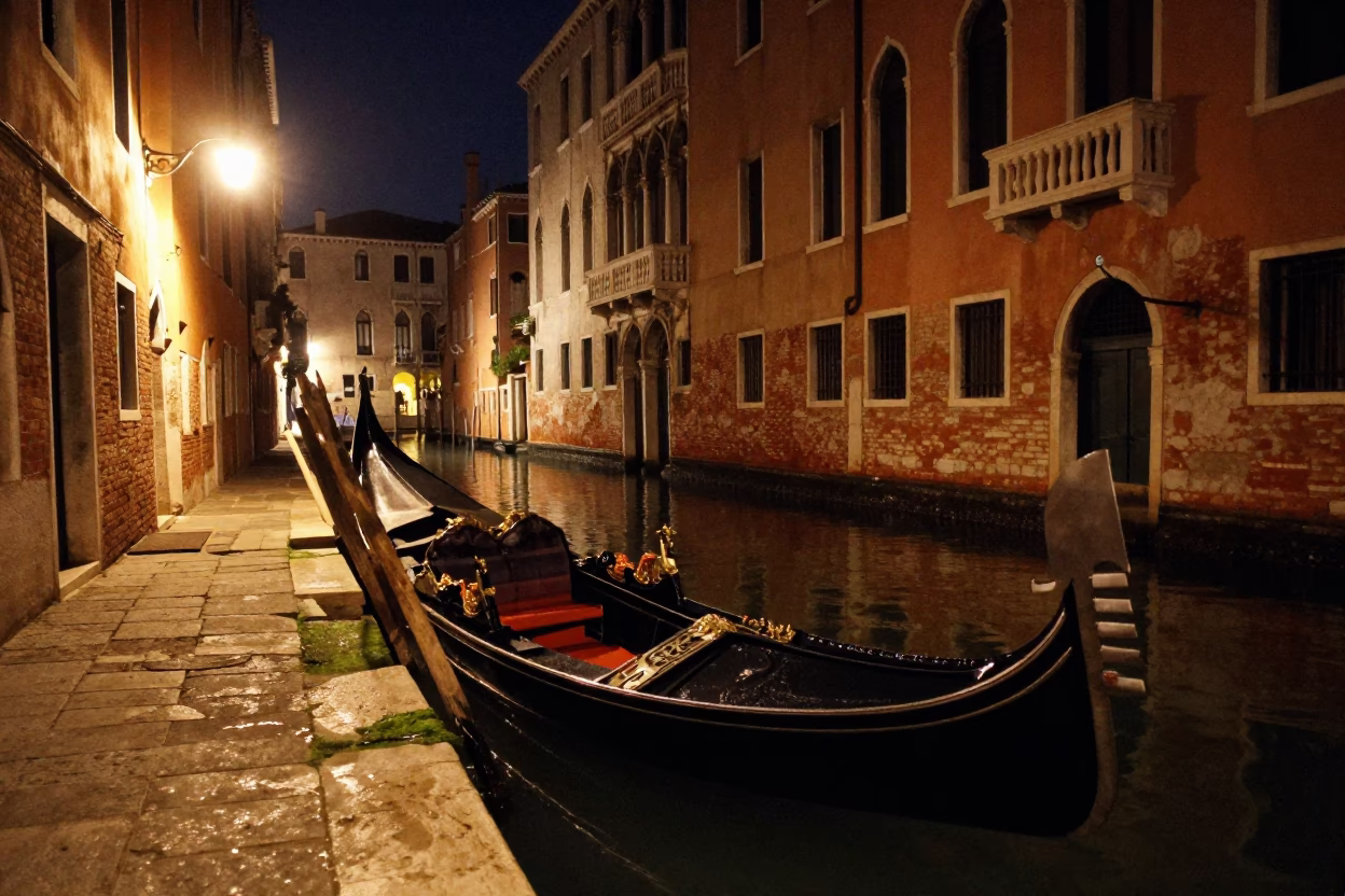 Venice Canal Night Scene with Gondola and Historic Architecture in in Venice, Italy