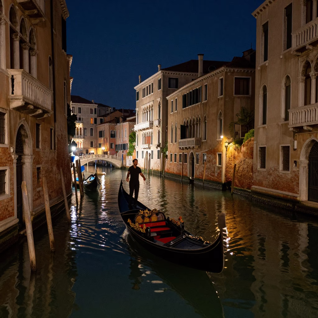 Venice Canal Night Scene with Gondola and Reflections Under Deep Sky in in Venice, Italy