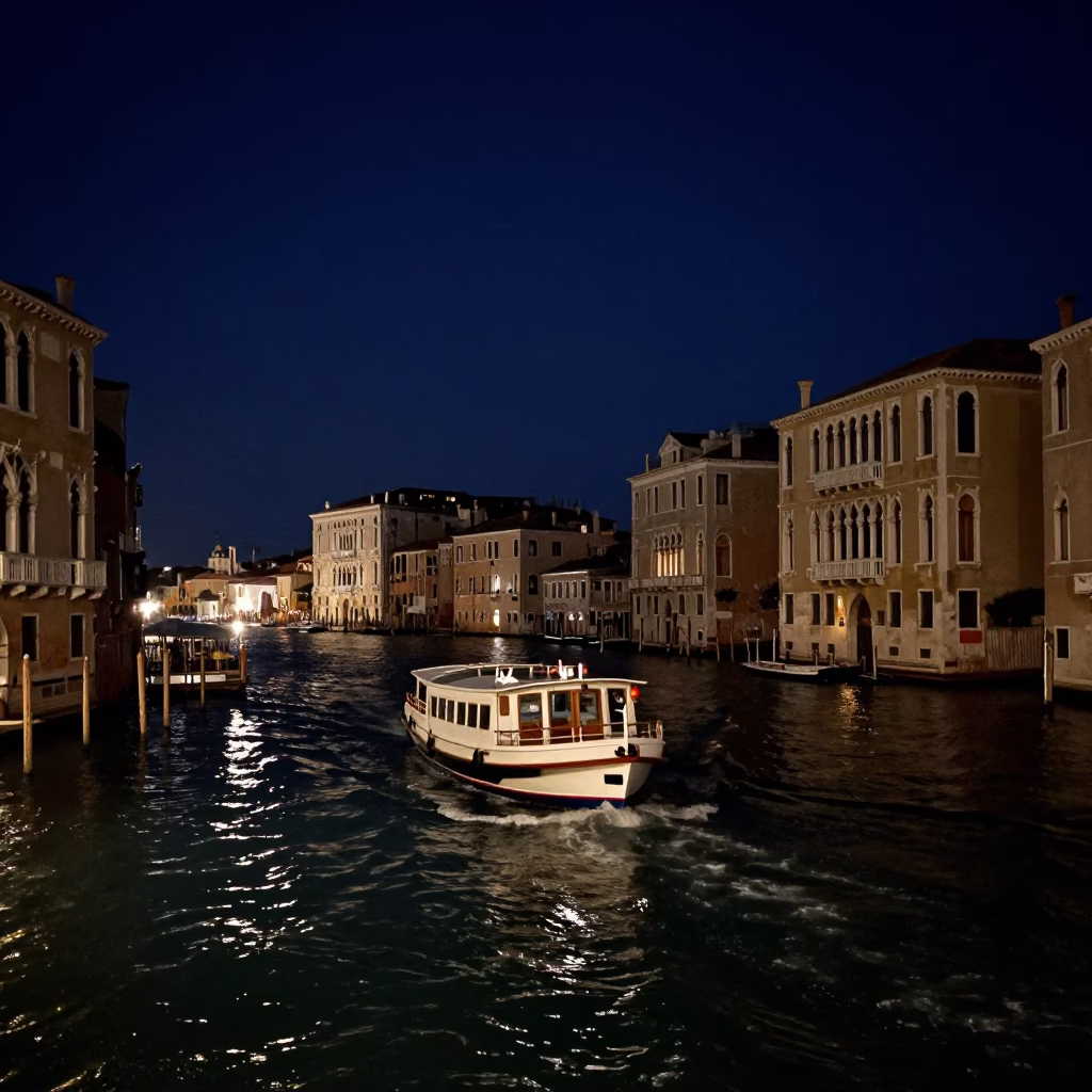 Venice Canal Night Scene with Mail Boat Arrival and Lantern Lit Alley in in Venice, Italy