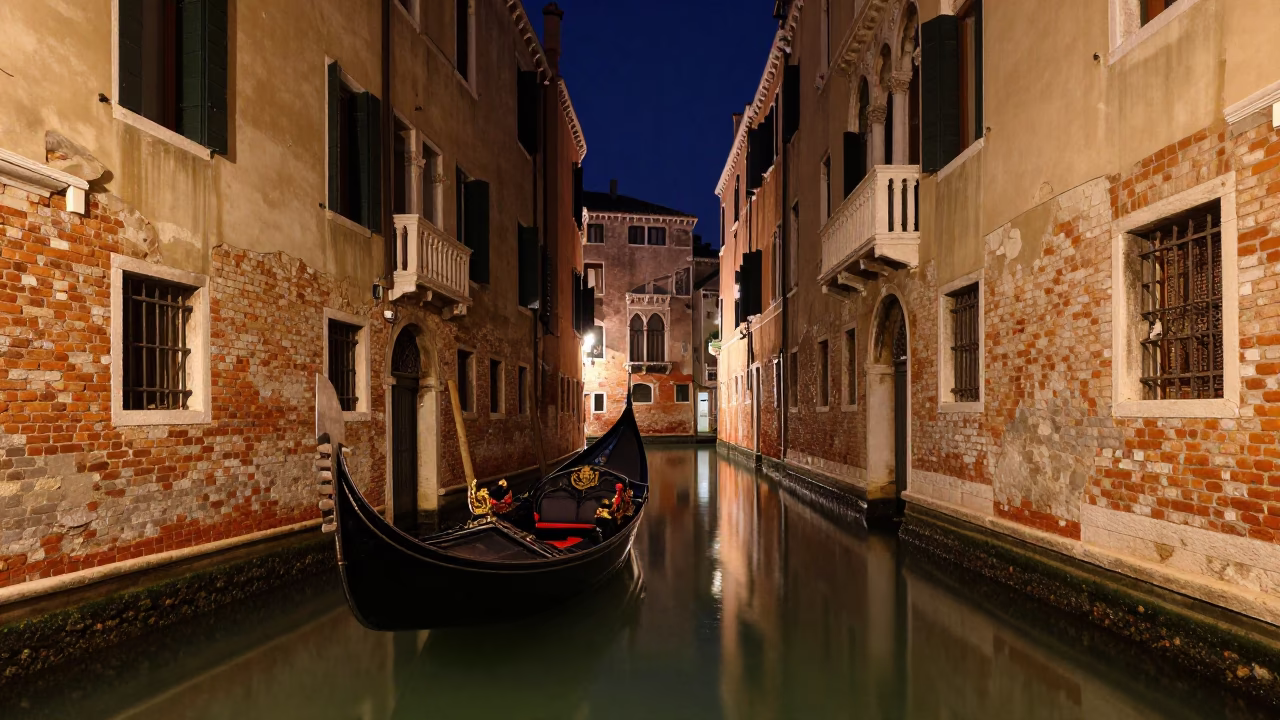 Venice Canal Night Scene with Traditional Gondola and Historic Bridge Architecture Under Deep Sky in in Venice, Italy