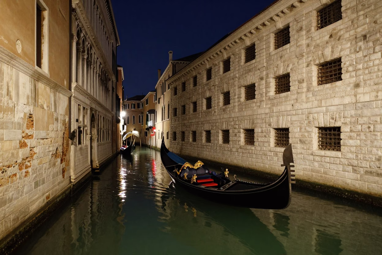 Venice Canal Night Scene with Traditional Gondola and Reflective Water Under Dark Sky in in Venice, Italy
