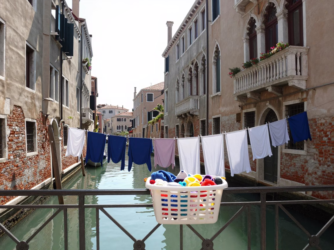 Venice Canal Noon Laundry Drying on Railing with Tourists and Gondolas in in Venice, Italy