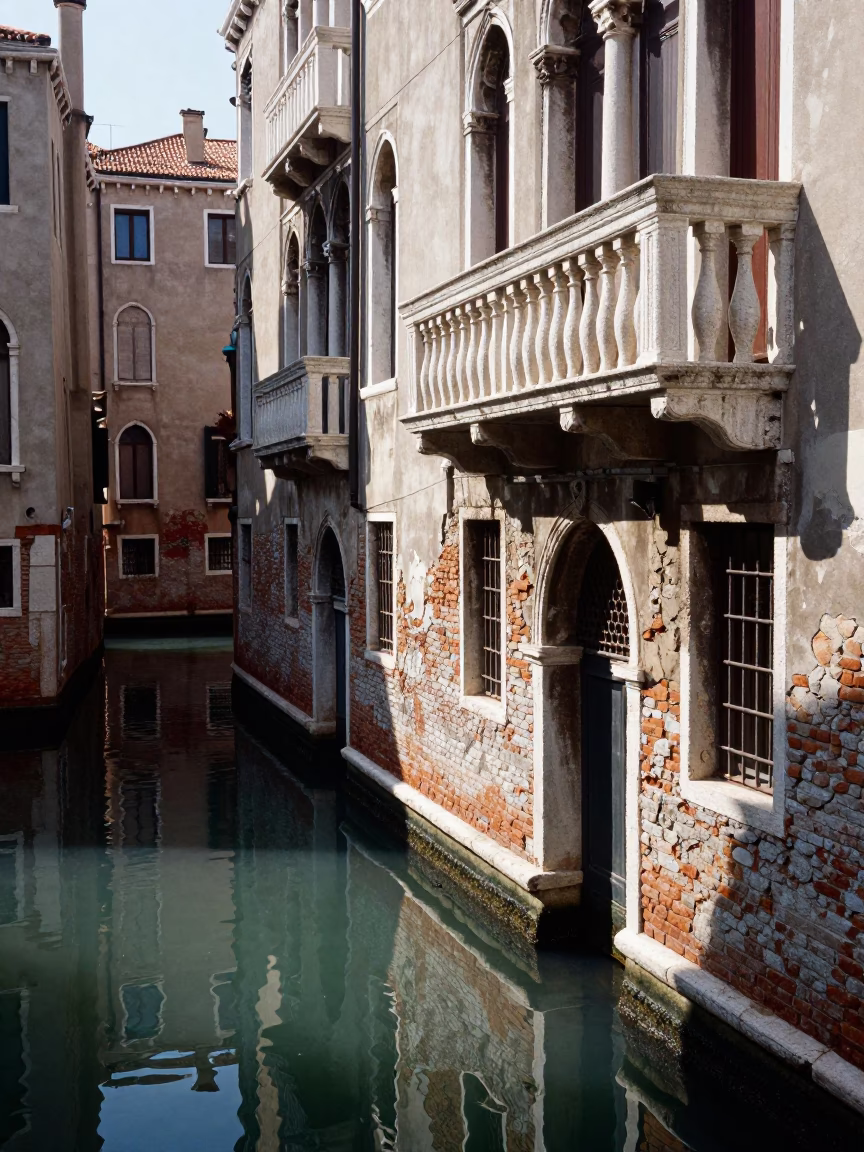 Venice Canal Noon Light Reflecting Off Stone Balconies and Water Stains in in Venice, Italy