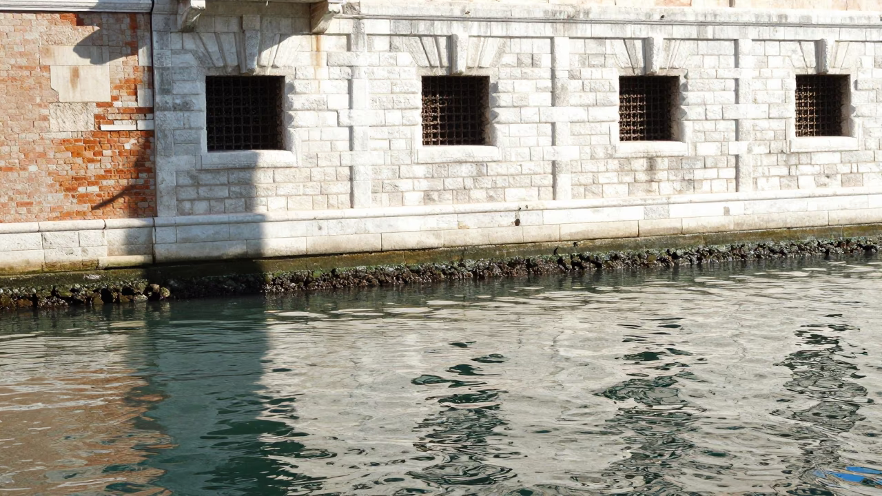 Venice Canal Noon Light Reflections on Water and Brick Architecture in in Venice, Italy