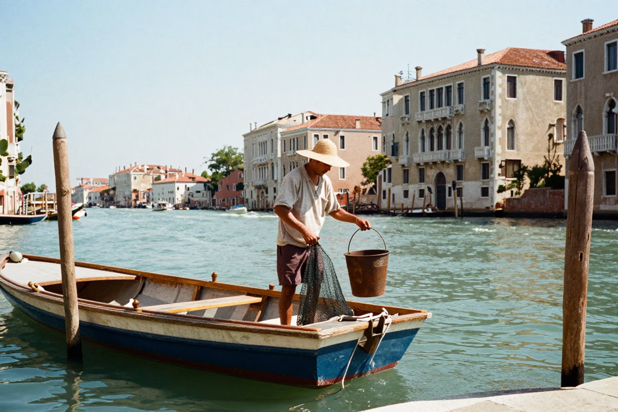 Venice Canal Noon Light with Fisherman and Metal Bucket in in Venice, Italy