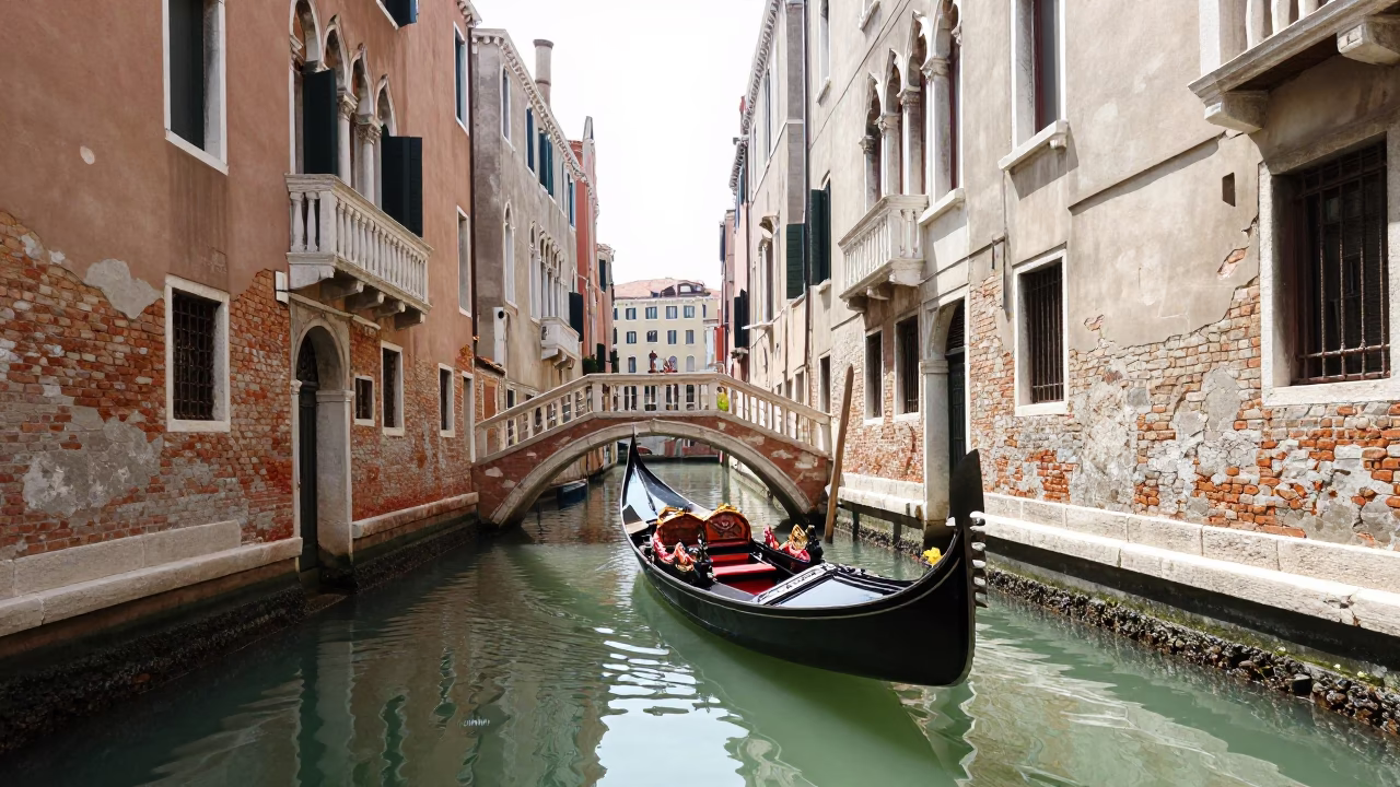 Venice Canal Noon Light with Traditional Wooden Gondola and Tourists in in Venice, Italy