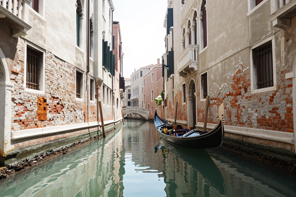 Venice Canal Noon Light with Weathered Brick and Rusty Hardware in in Venice, Italy