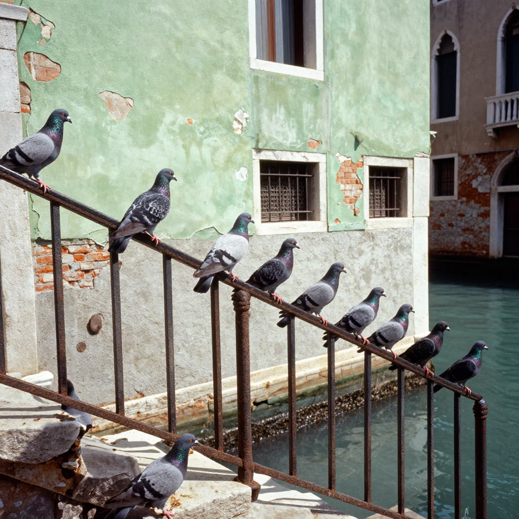 Venice Canal Noon Pigeons on Iron Railing Near Wrench in in Venice, Italy