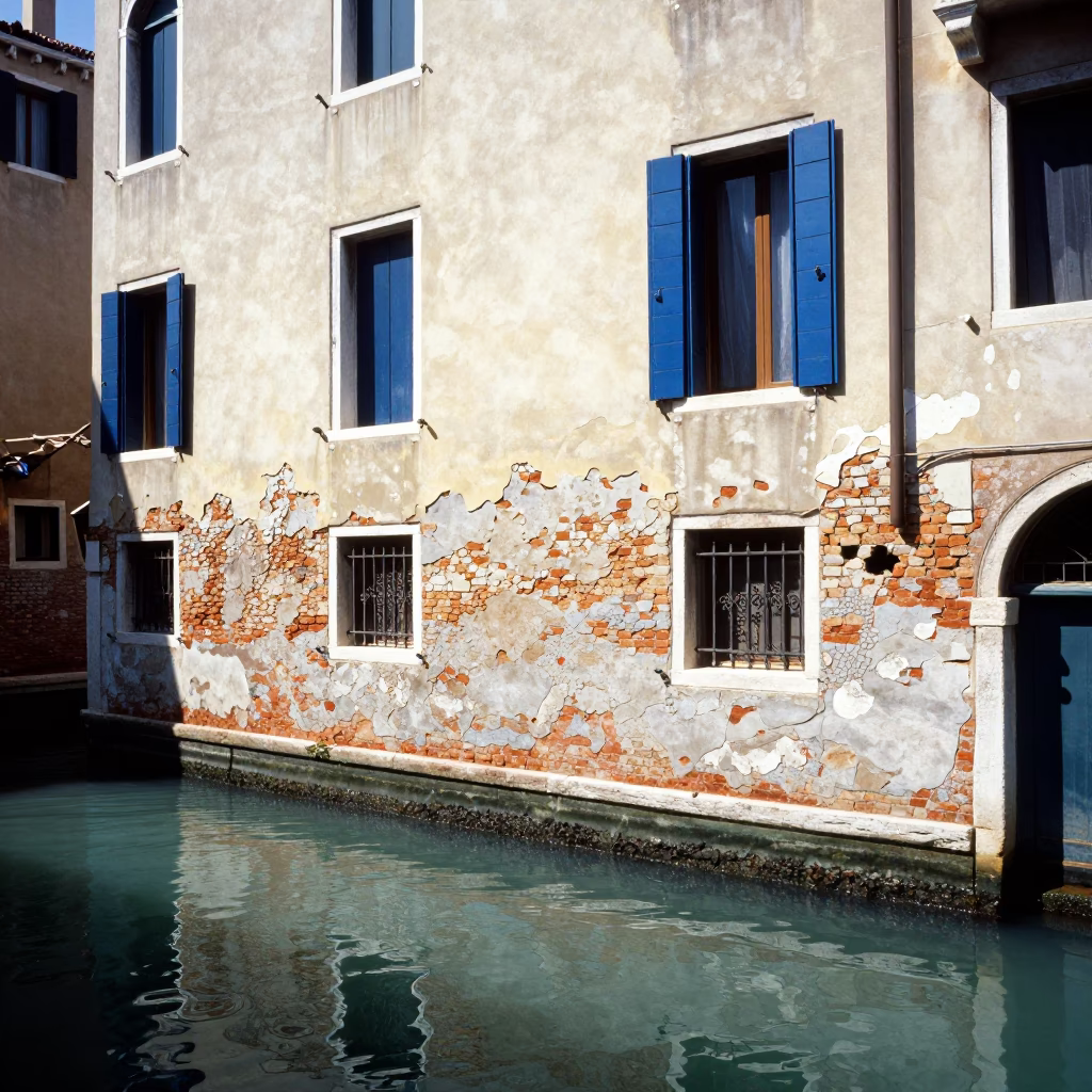 Venice Canal Noon Sunlight Reflecting Off Weathered Stucco and Wooden Shutters in in Venice, Italy