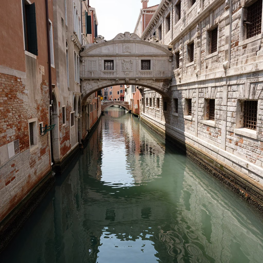Venice Canal Noon Sunlight Reflecting on Weathered Brick and Canal Water with Local Life in in Venice, Italy