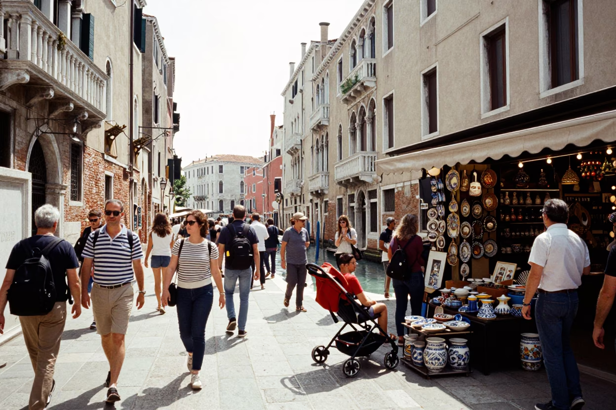 Venice Canal Noon Tourist Crowd Stroller Ladle Souvenir Shop in in Venice, Italy