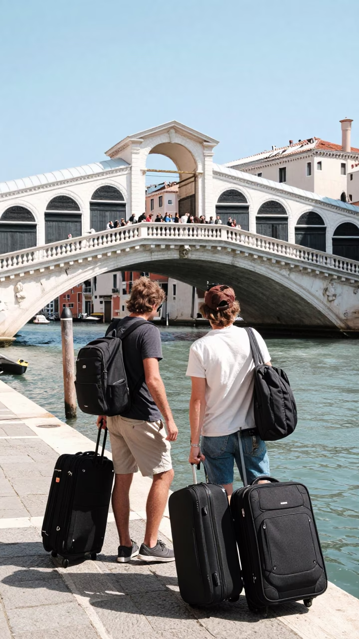 Venice Canal Noon Tourists with Suitcases Near Rialto Bridge in in Venice, Italy