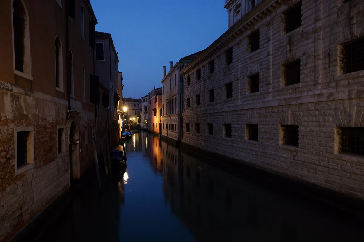 Venice Canal Predawn Scene with Waterfront Reflections and Stone Architecture in in Venice, Italy