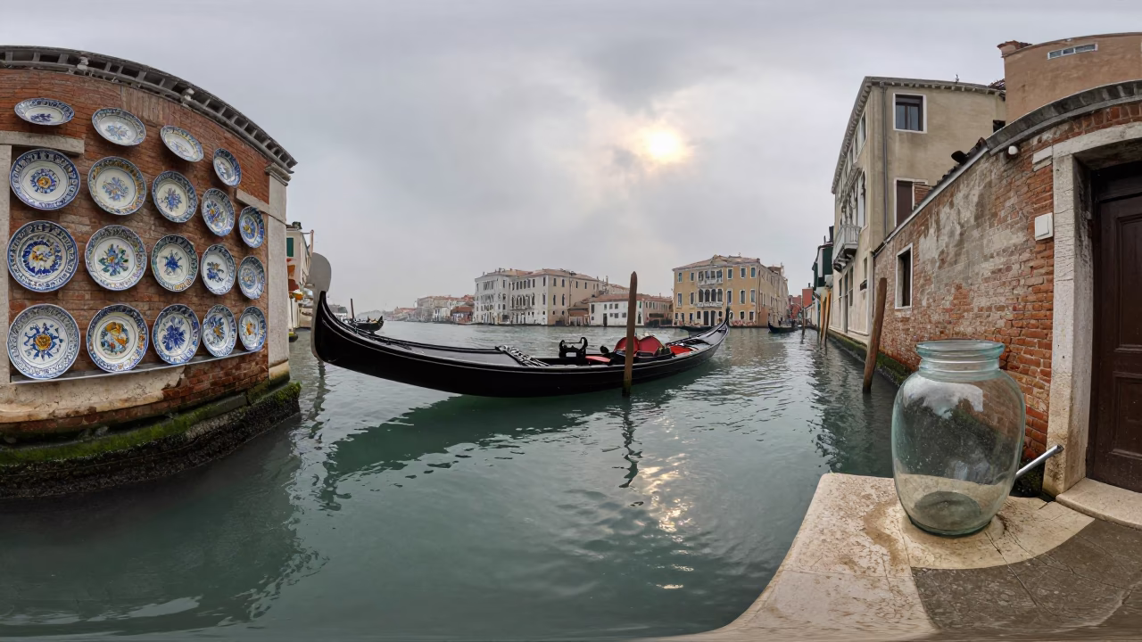 Venice canal reflection after rain with majolica plates and glass jar in in Venice, Italy