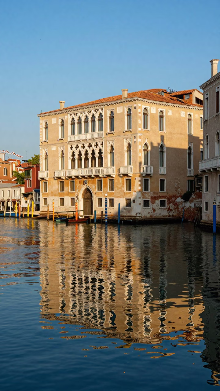 Venice Canal Reflection of Historic Palazzo Facade in Late Afternoon Sunlight in in Venice, Italy