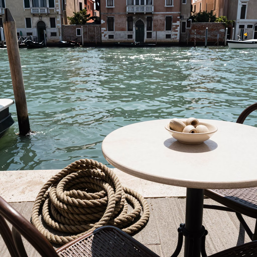 Venice Canal Side Café Table with Coiled Rope and Pears in Bright Midmorning Light in in Venice, Italy