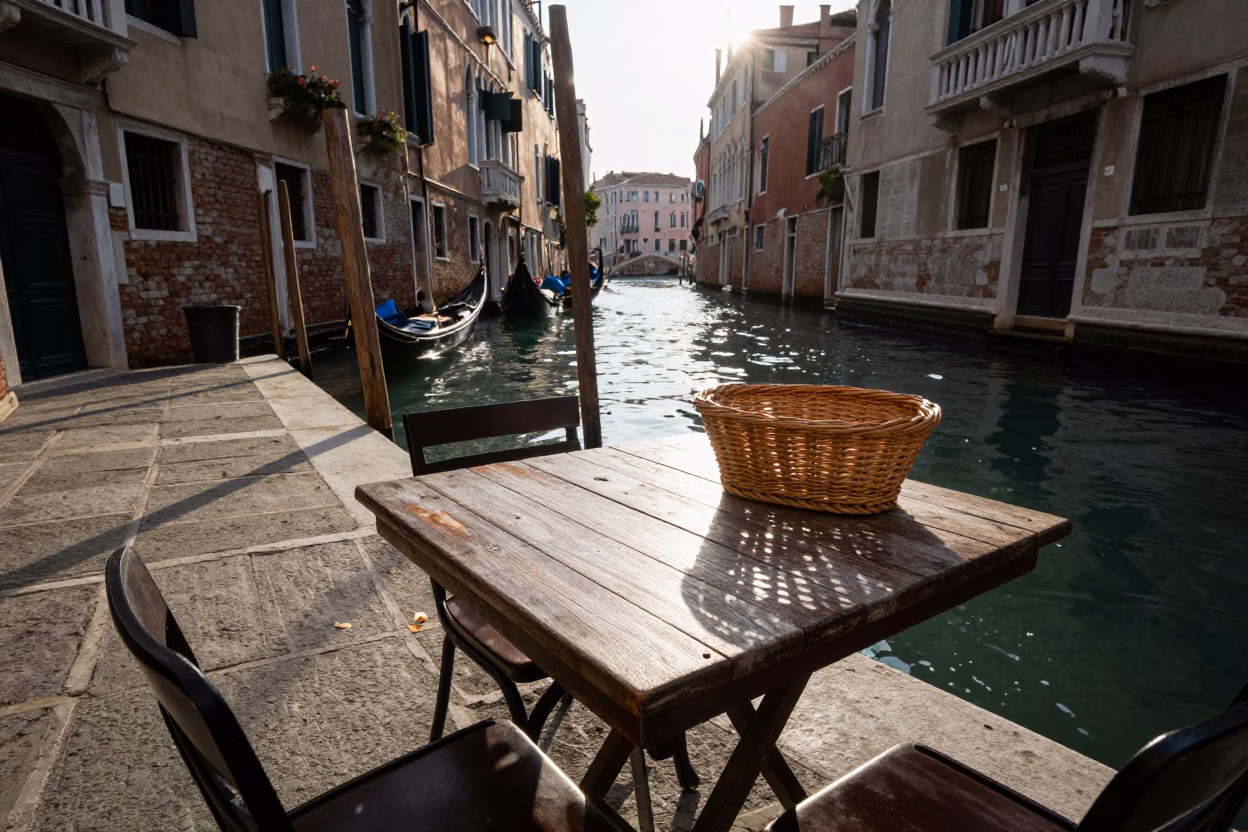 Venice Canal Side Restaurant Table with Wicker Basket and Boiled Potatoes in Early Afternoon in in Venice, Italy