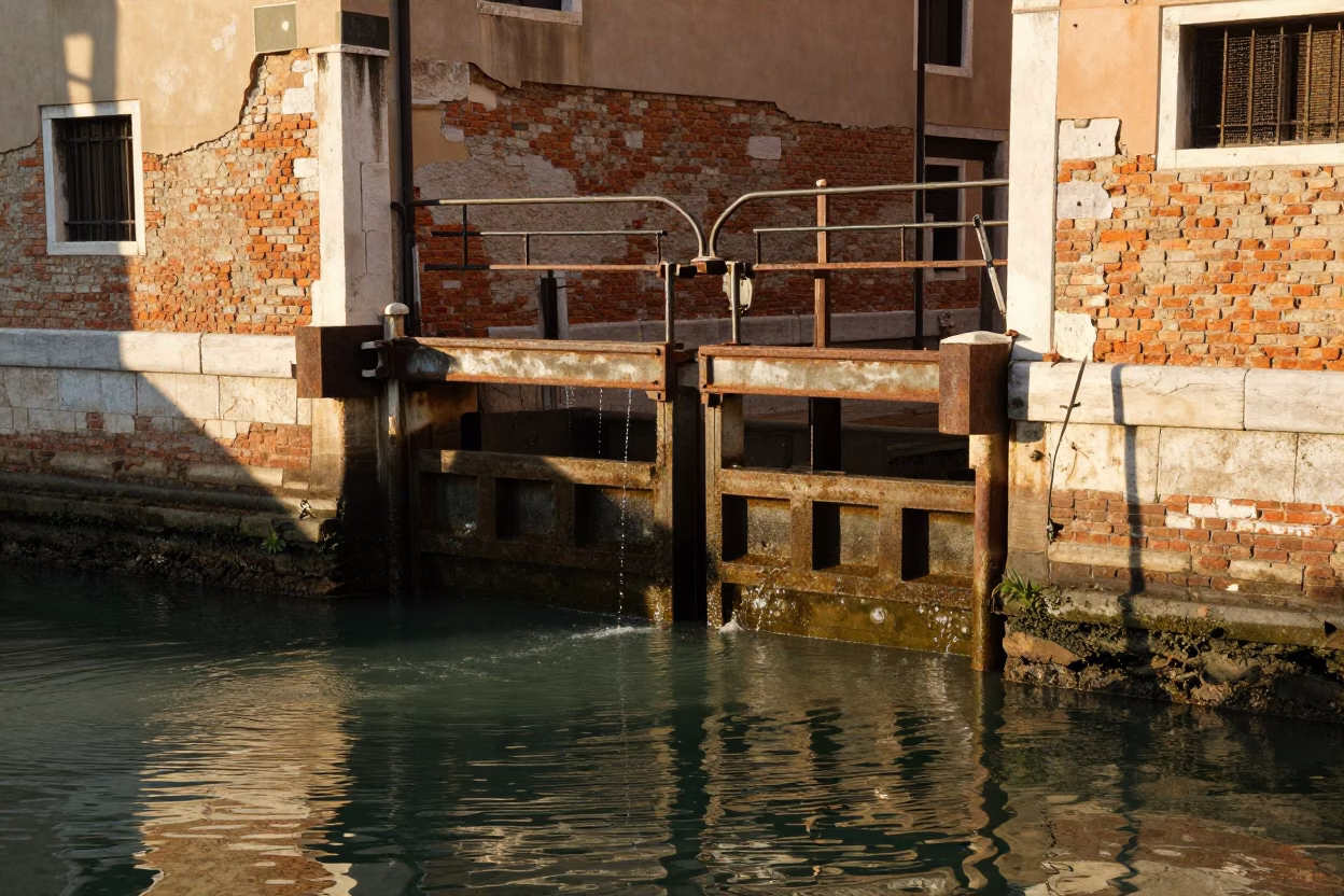 Venice Canal Sluice Gate Dripping Late Afternoon Light Reflections in in Venice, Italy