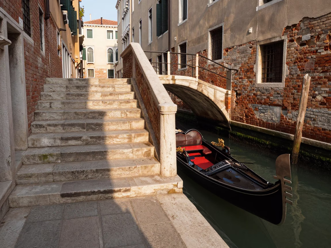 Venice Canal Staircase and Bridge Late Afternoon Realistic Street Scene in in Venice, Italy