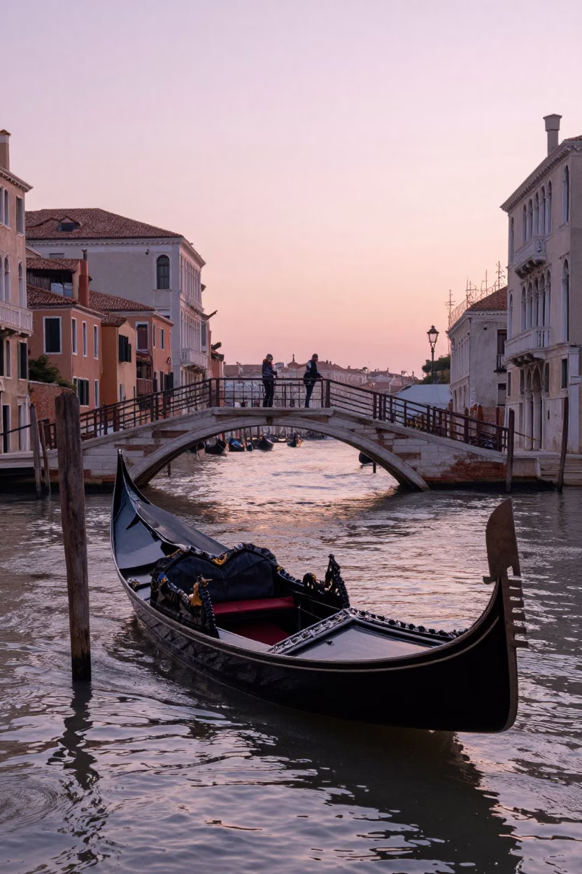 Venice Canal Sunrise Activity with Bridge Pier and Muddy Floodwater Reflections in in Venice, Italy