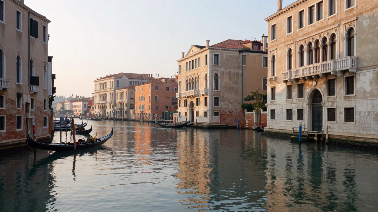 Venice Canal Sunrise Reflections and Historic Stone Architecture in in Venice, Italy