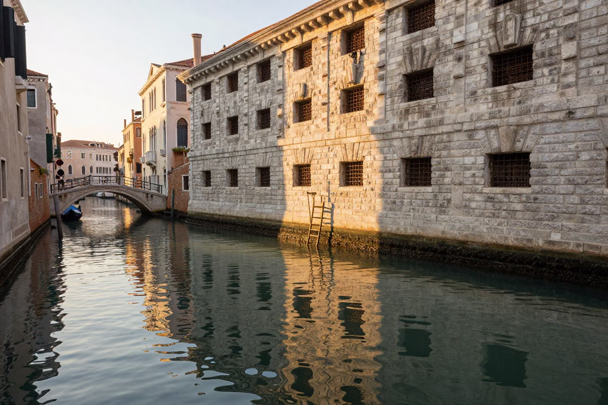 Venice Canal Sunrise Reflections with Old Bridge Pier and Gate Handle in in Venice, Italy
