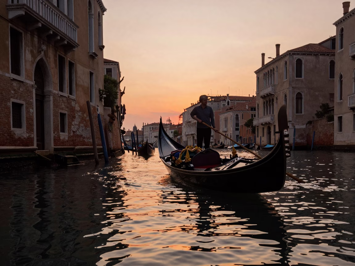 Venice Canal Sunset Reflections and Traditional Gondola Navigation in Copper Light in in Venice, Italy