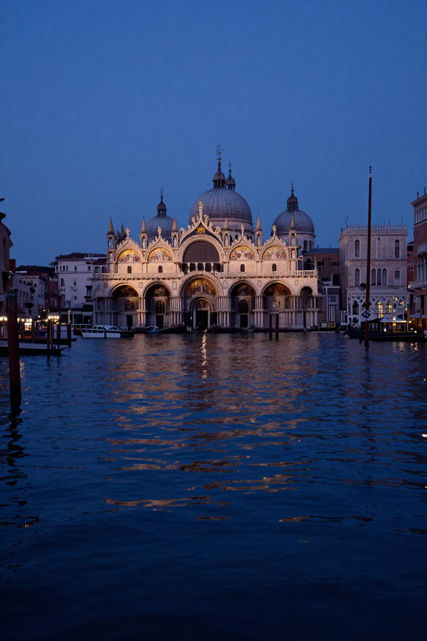 Venice Canal Twilight Reflections of St Mark's Basilica and Historic Gondolas in in Venice, Italy