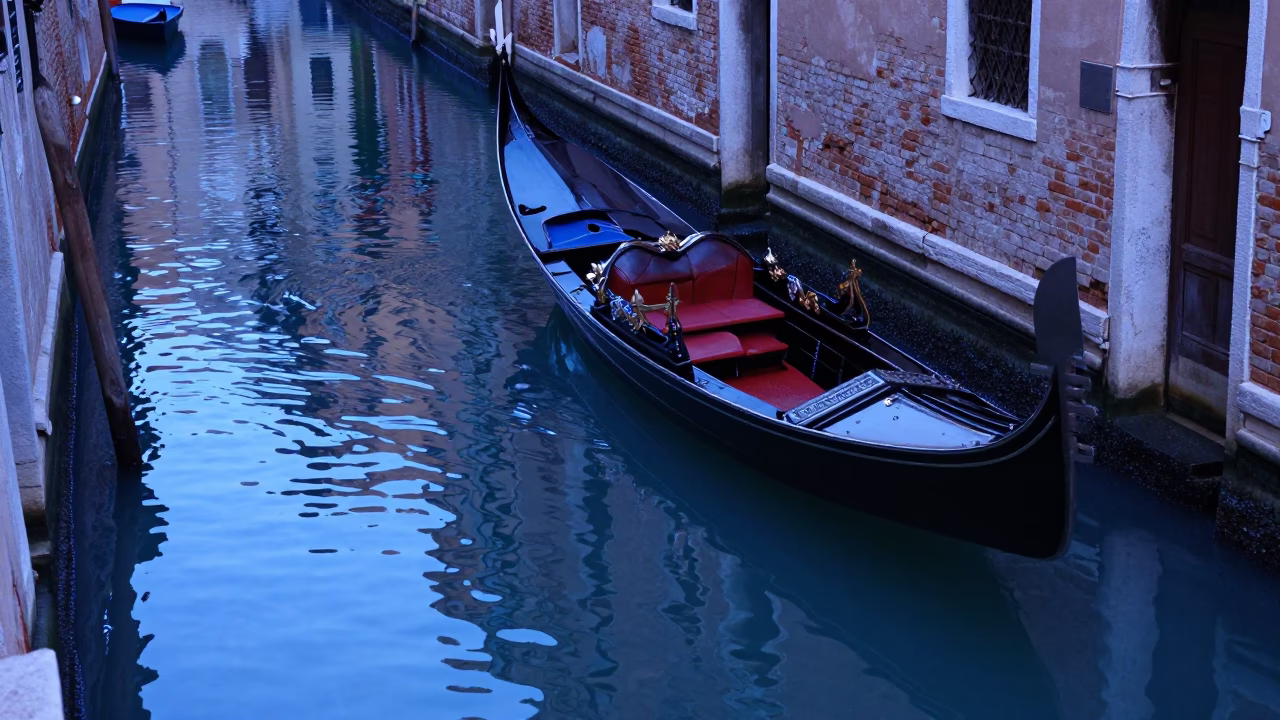 Venice Canal Twilight Reflections with Blue and White Porcelain and Brass Details in in Venice, Italy