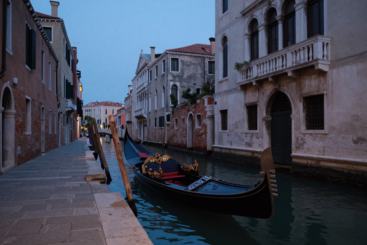 Venice Canal Twilight Scene with Gondola and Historic Architecture in in Venice, Italy
