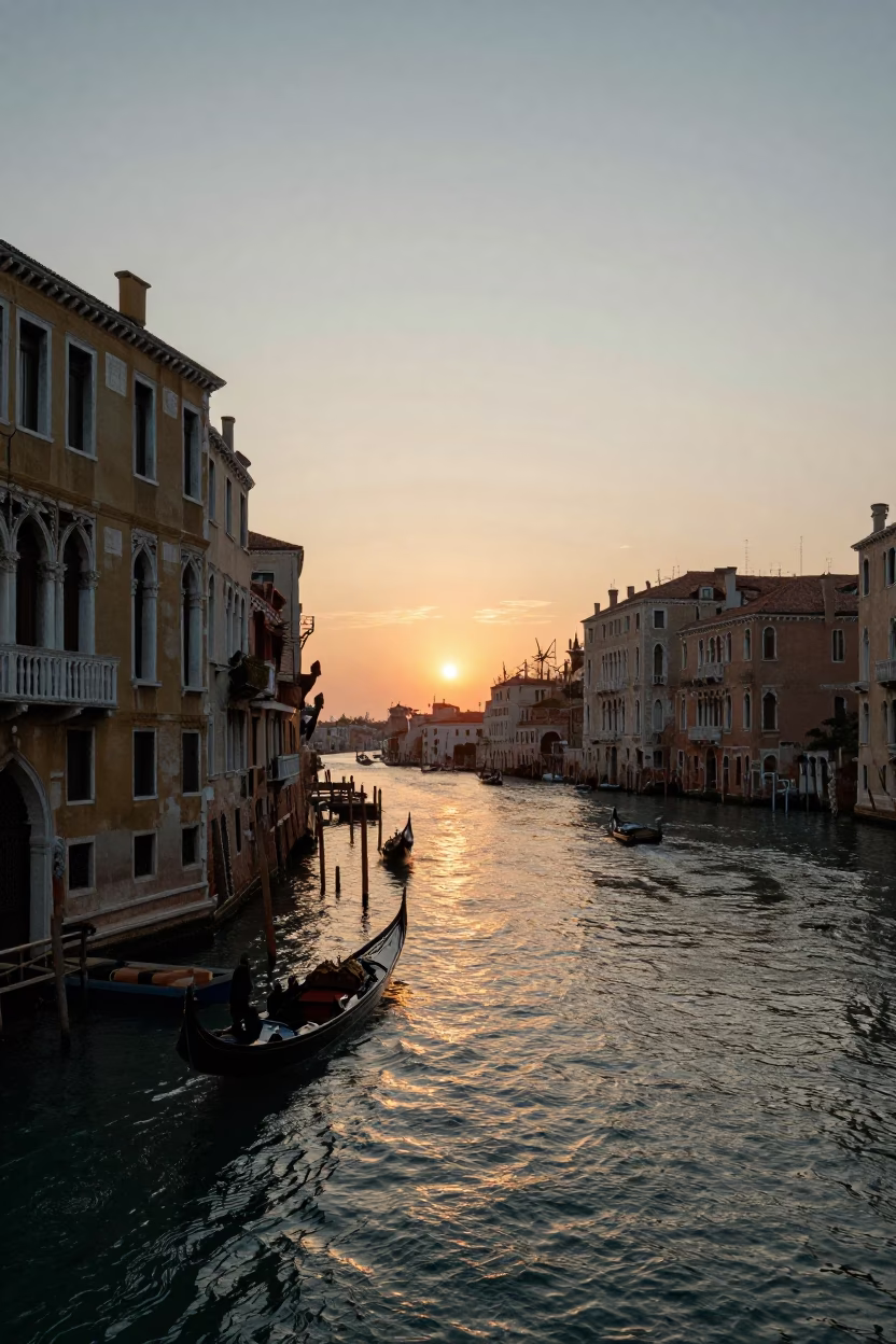 Venice Canal View at As The Sun Drops Toward The Horizon in in Venice, Italy