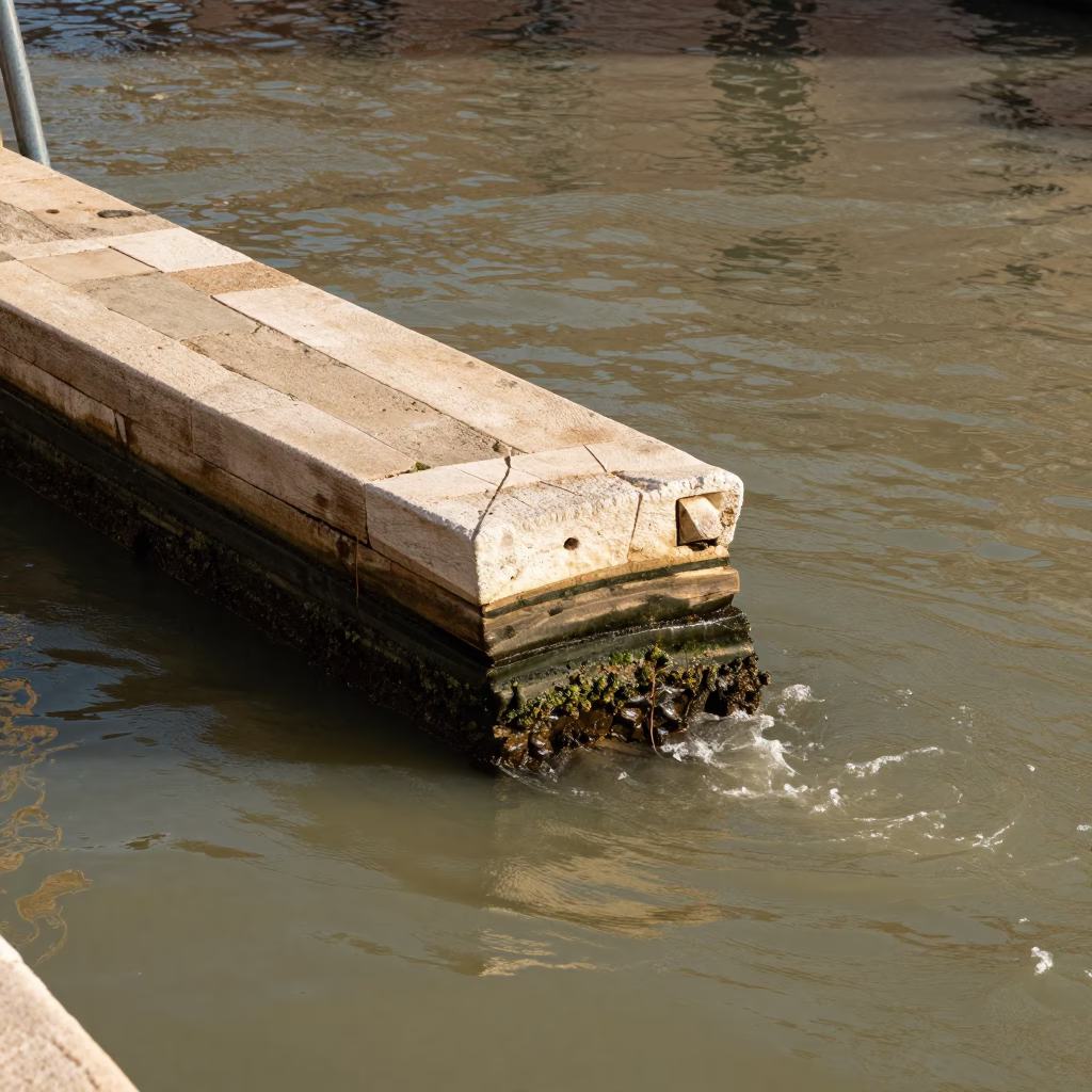 Venice Canal Waterfront Bridge Pier Cutwater Splitting Brown Current Early Afternoon in in Venice, Italy